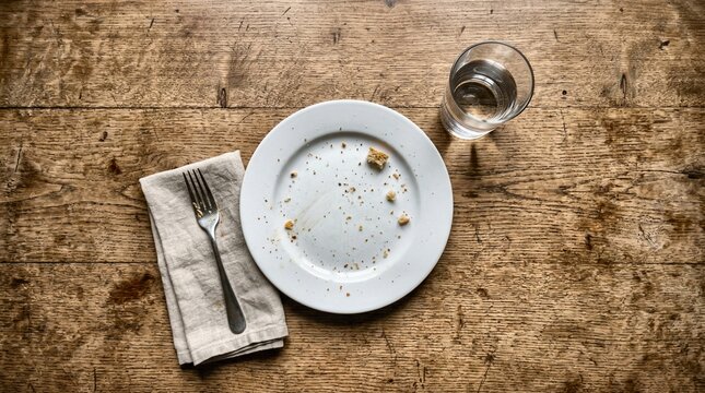 Empty Plate with Fork and Glass on Rustic Wooden Table