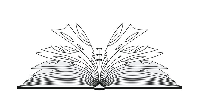 Creative black and white illustration of an open book whose many pages spread out symmetrically like the wings of a bird or butterfly.