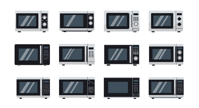 Grid collection of twelve various microwave oven models in different colors, sizes, and control panel layouts in a flat style.