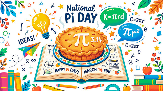 National pi day education concept featuring open book and pie, pi day