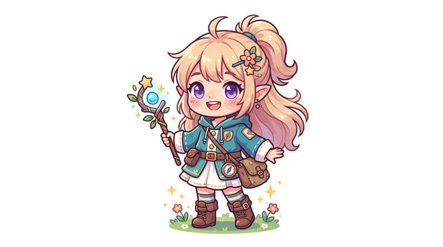 Chibi Elf Mage with Magic Wand and Flowers