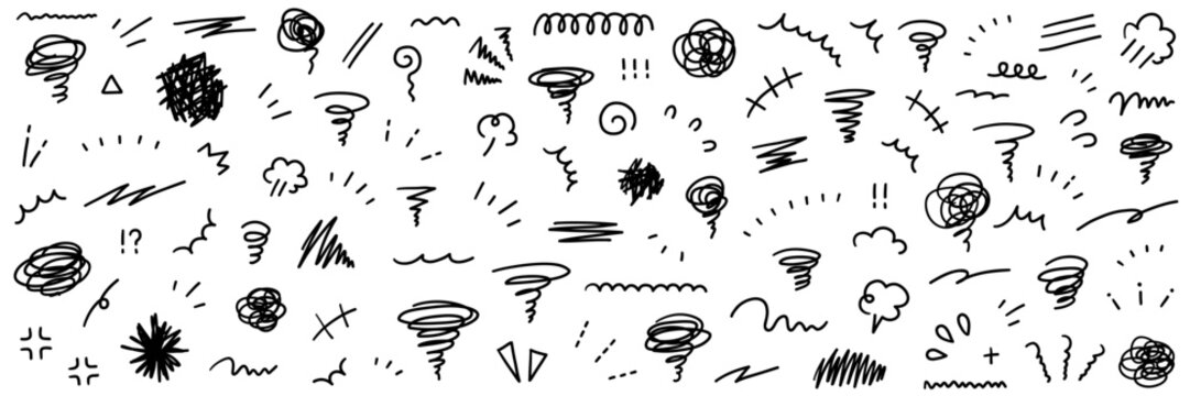 手書きの飾りイラストのベクターイラストセット。手描き、集中線、モヤモヤ、注目