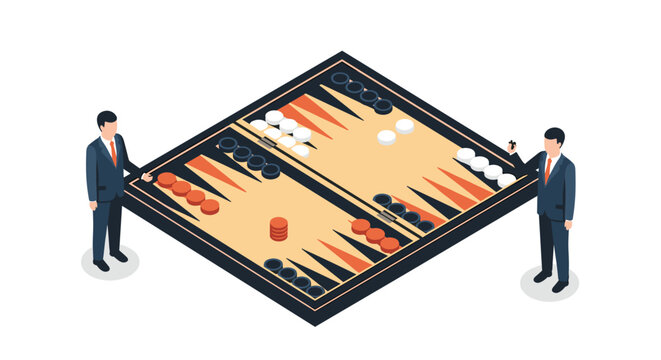 Two businessmen stand at the corners of a giant backgammon board in a modern isometric illustration about strategy and decision making.