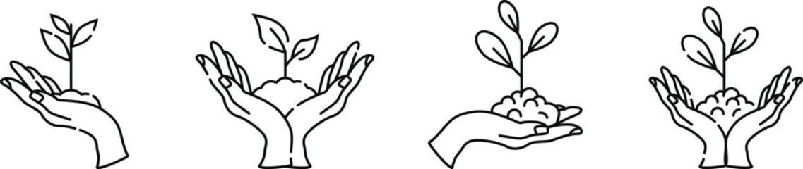 Obraz premium Hand Drawn Hand Holding Plant Icons Set Vector Illustration, Environmental Protection and Sustainable Growth Line Art Collection