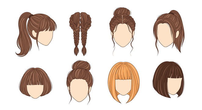 Comprehensive set of eight different female hairstyles featuring varied colors and cuts like ponytails buns and bobs for character design.