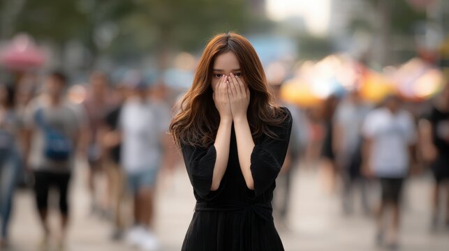 Young woman covering face in crowded street, feeling overwhelmed