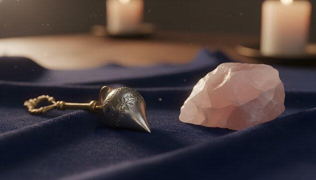 Midsummer Pendulum on Dark Velvet Surface Beside Rose Quartz Crystal