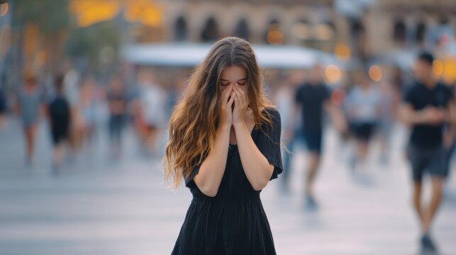 Emotional Young Woman Hiding Her Face in a Busy Public Urban Setting