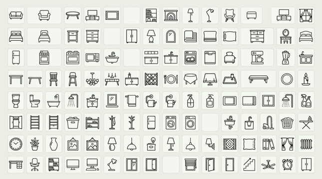 Extensive grid of minimalist interior design and furniture icons.