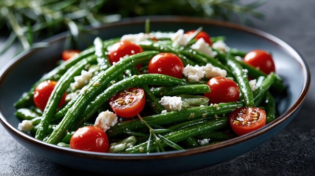 Fresh green bean salad with cherry tomatoes and crumbled feta cheese in bowl