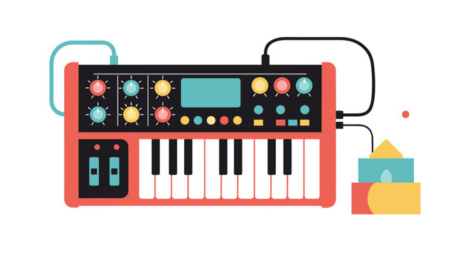 Retro style electronic music synthesizer with colorful knobs and a keyboard connected to external sound modules by cables on white background.