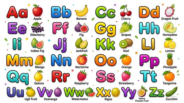 Educational alphabet poster for kids with colorful letters and fruits or vegetables corresponding to each letter a to z