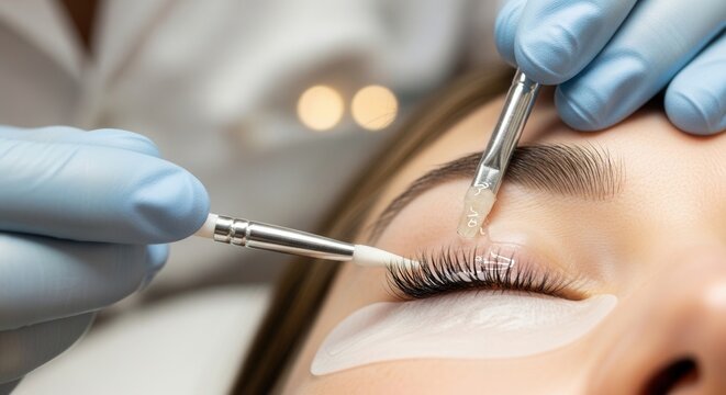 Professional Eyelash Lamination Procedure in Beauty Salon.