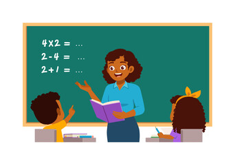 Fototapeta na wymiar African American Female Teacher Happily Explains Basic Math Problems to Engaged Students in Classroom