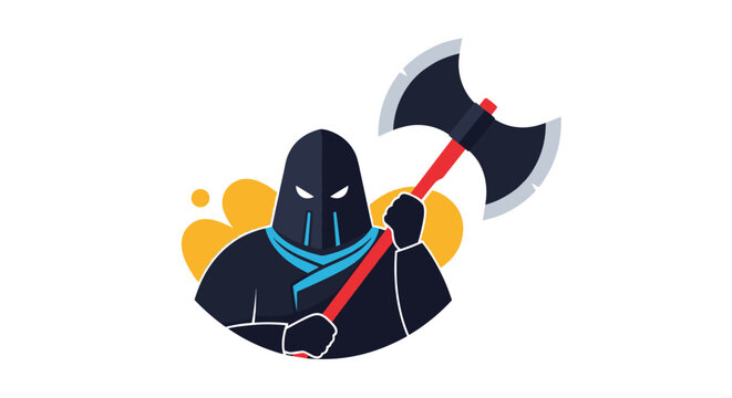 Dark hooded executioner or knight character holding a large double headed battle axe with a focused and intimidating expression.