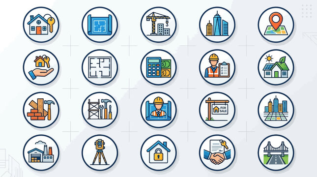 Real estate and construction industry line icon set.