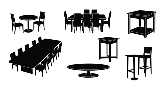 Furniture silhouettes on a white background collection of table and chair shapes