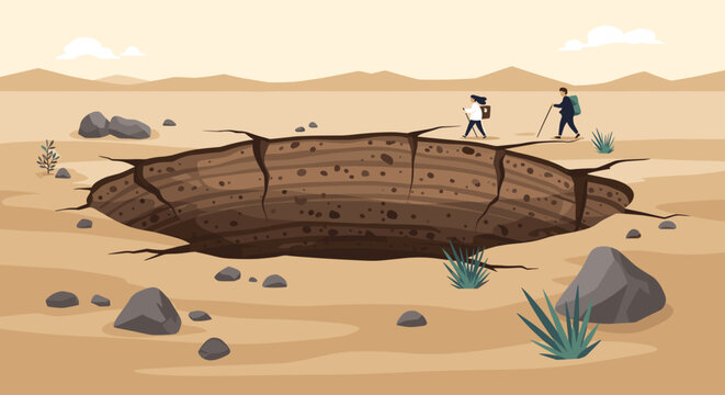 Two hikers walking along the edge of a massive sinkhole or deep geological crater in a vast barren desert landscape with distant mountains.