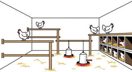 Chicken Coop Interior with Roosting Hens and Nesting Boxes © antok