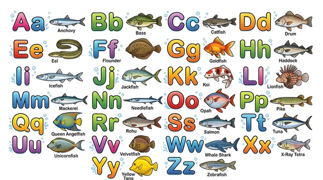 Alphabet learning poster for children with colorful letters and corresponding fish for each letter a to z