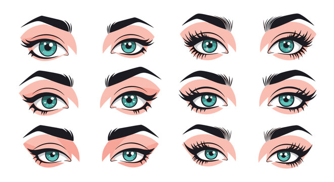 Set of twelve detailed female eye illustrations showing various shapes, eyelash lengths, eyebrow arches, and makeup applications in blue.