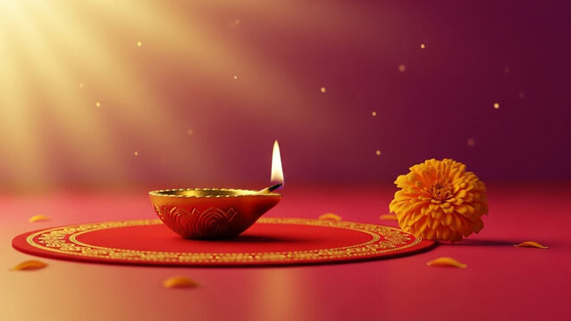 A traditional indian diya lamp with a flame on a decorative red mat