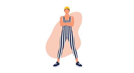 Fototapeta premium Confident woman in a navy and white vertical striped swimsuit stands with arms crossed against an abstract organic peach background.