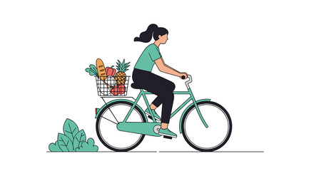Fototapeta premium Active woman rides a green bicycle with a rear basket full of fresh groceries including bread and fruit through a simple garden.