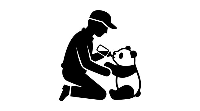 Iconic illustration depicting a compassionate individual bottle-feeding a small panda, representing dedicated animal nurturing and essential wildlife preservation efforts