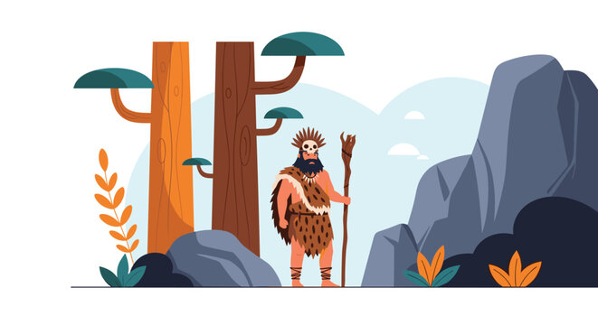 Prehistoric tribal leader wearing a skull headdress and animal skin clothing stands with a wooden staff in a rocky mountain landscape.