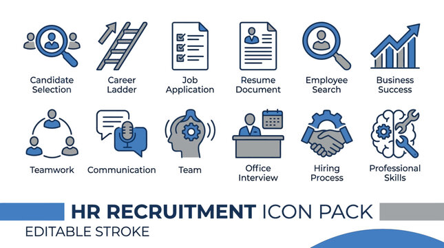 HR Recruitment Icon Pack with Business Success and Professional Skills.
