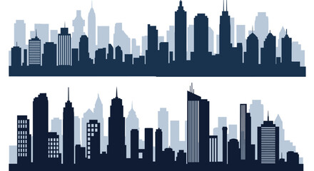Obraz premium Two detailed city skylines showing various skyscrapers and buildings are presented in blue silhouette for urban architectural design.