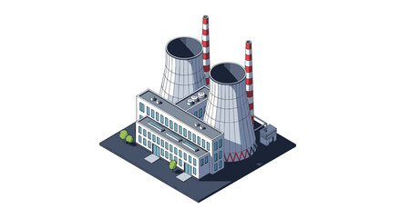 Naklejka premium Industrial power plant with two massive cooling towers and several administrative buildings is shown in a clean isometric view.