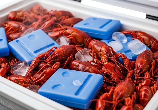 Fresh red lobsters packed in a cooler with ice packs. crawfish in cooler 