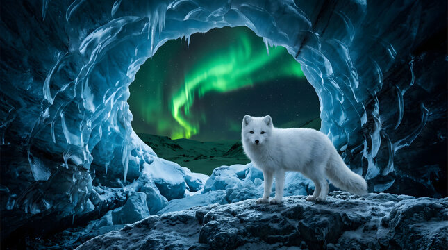 White arctic fox standing in an icy cave with green aurora borealis