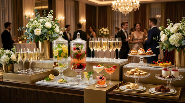Elegant catering buffet setup with champagne glasses and desserts at a luxury evening party
