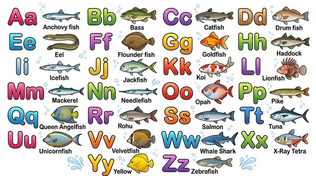 Educational alphabet chart for kids featuring colorful letters from a to z paired with various types of fish and sea life