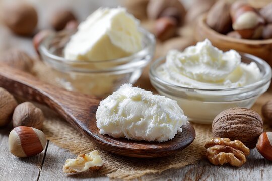 Raw shea butter in wooden spoon with assorted nuts on rustic table cosmetic skincare ingredient wellness treatment moisturizer background essential cosmetics nurturing nutritious