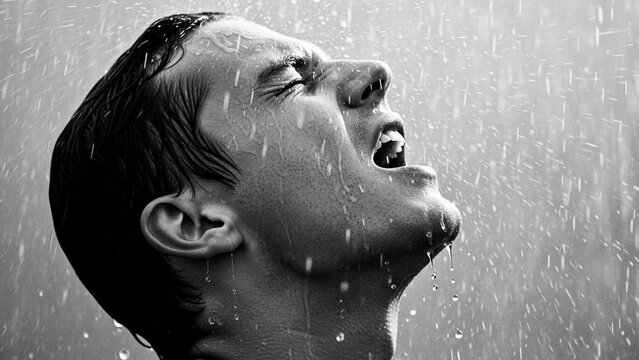 Black and white photo of a man screaming in the rain with water droplets on his face