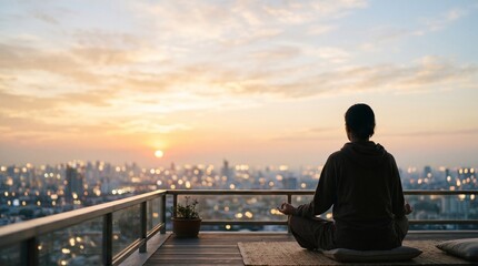 Fototapeta premium Person meditating on a balcony overlooking city skyline at sunrise