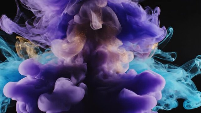 Abstrak Asap Tinta Ungu Biru. Visual abstrak menampilkan semburan tinta berwarna ungu dan biru yang menyatu membentuk pola awan dramatis di atas latar hitam, cocok untuk kebutuhan desain modern, latar