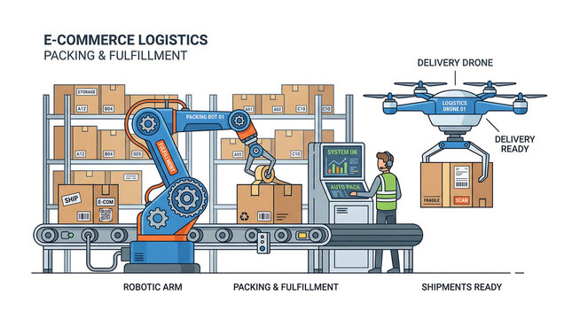 Ecommerce logistics and packing process with robotic arm and drone