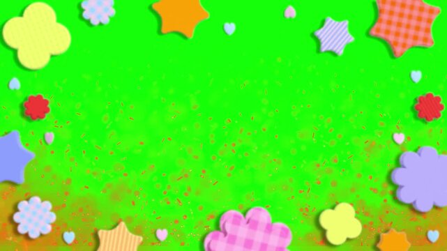 Colorful animated stars and flowers on green background with confetti festive motion graphics clip