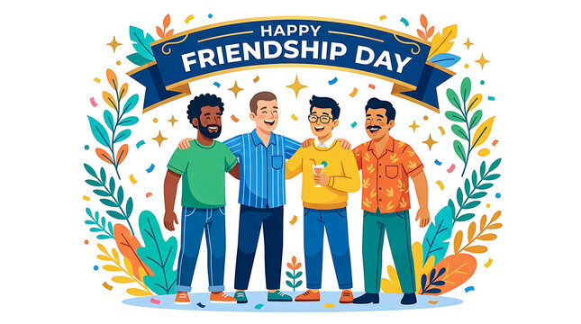 Group of four diverse men standing together celebrating friendship day