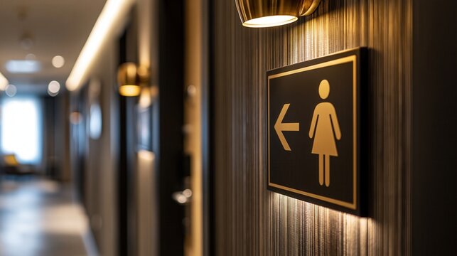 A sign pointing to the women's restroom in a modern building hallway
