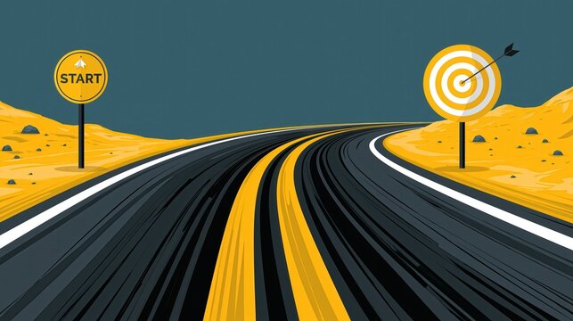 A winding road leads to a target with a start sign in the distance
