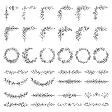 Hand Drawn Floral Border Elements and Corner Accents for Design