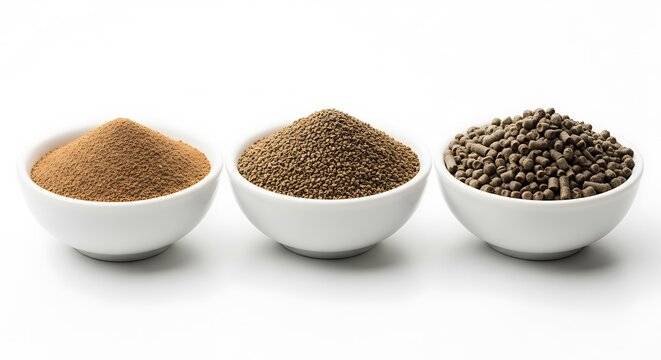 Three Bowls of Loose Leaf Tea Varieties on White Background Minimalist Style. ctc tea