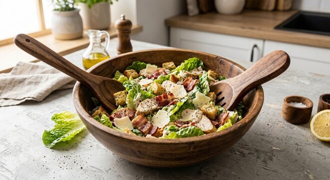 Fresh Caesar salad with grilled chicken, crispy bacon, parmesan cheese and croutons in a large wooden bowl, served on a kitchen counter backdrop.