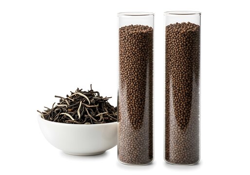 Loose leaf black tea with dried leaves and transparent storage jars on white background. ctc tea